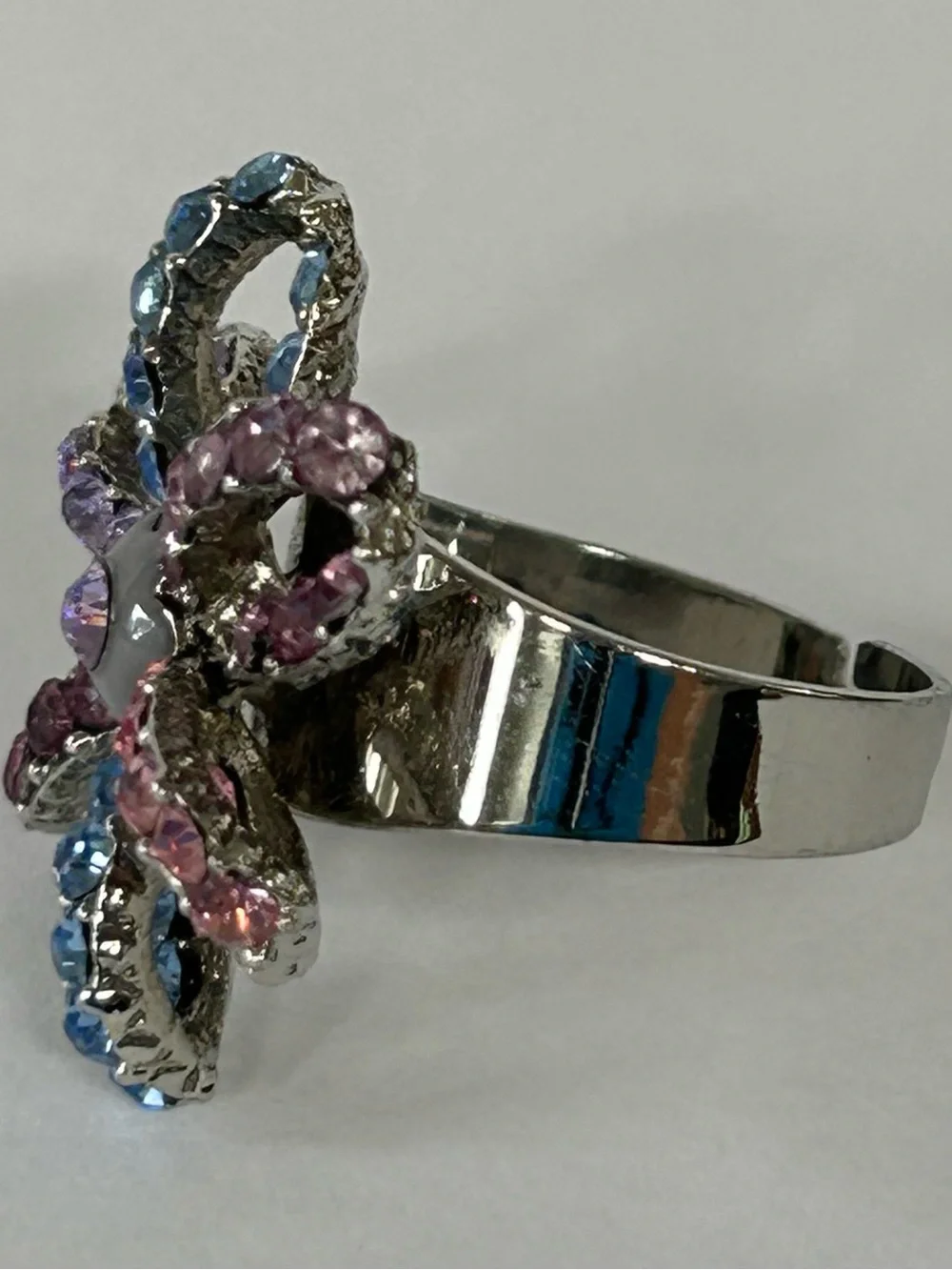 Pink and blue stone sterling silver adjustable ring
